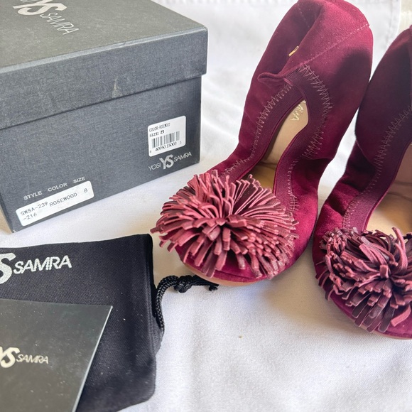 Yosi Samra Shoes - YS YOSI SAMRA Samara Suede Pom Foldable Ballet Flats Size 8 Rosewood NIB